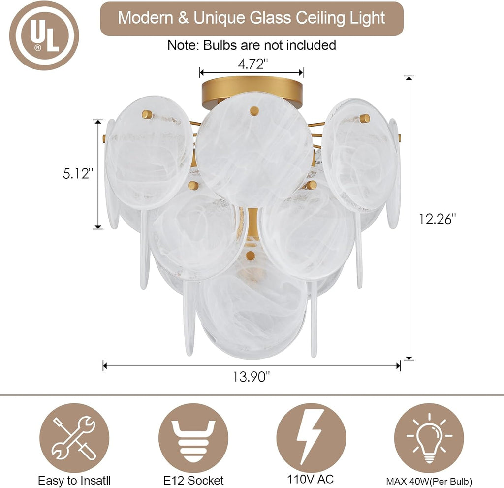 Modern Flush Mount Glass Ceiling Light, Gold Hallway Lights Vintage Chandelier, 4-Light Unique Light Fixture Entryway