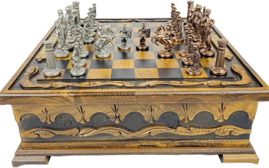 Handcrafted Roman Empire Themed Chess Set with Storage Drawer- 14 inch Customizable Wooden Chessboard- Cast Metal