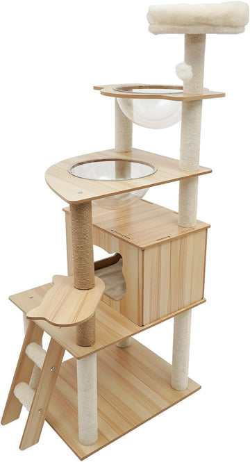 Wood Cat Tree, Modern 5-Tier Wooden Cat Tree, Wooden Tower with Acrylic Space Capsules & Sisal Scratching Post