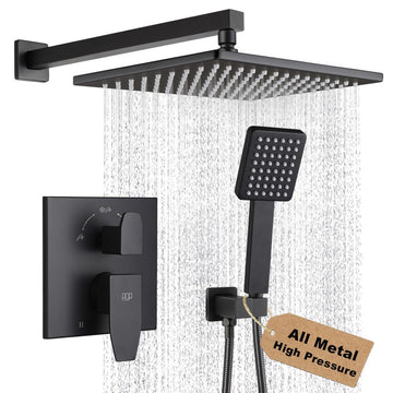 Matte Black Shower Faucet Set Rainfall 10 Inch Shower Head and Handle Set Bathroom Rain Shower System Wall Mounted