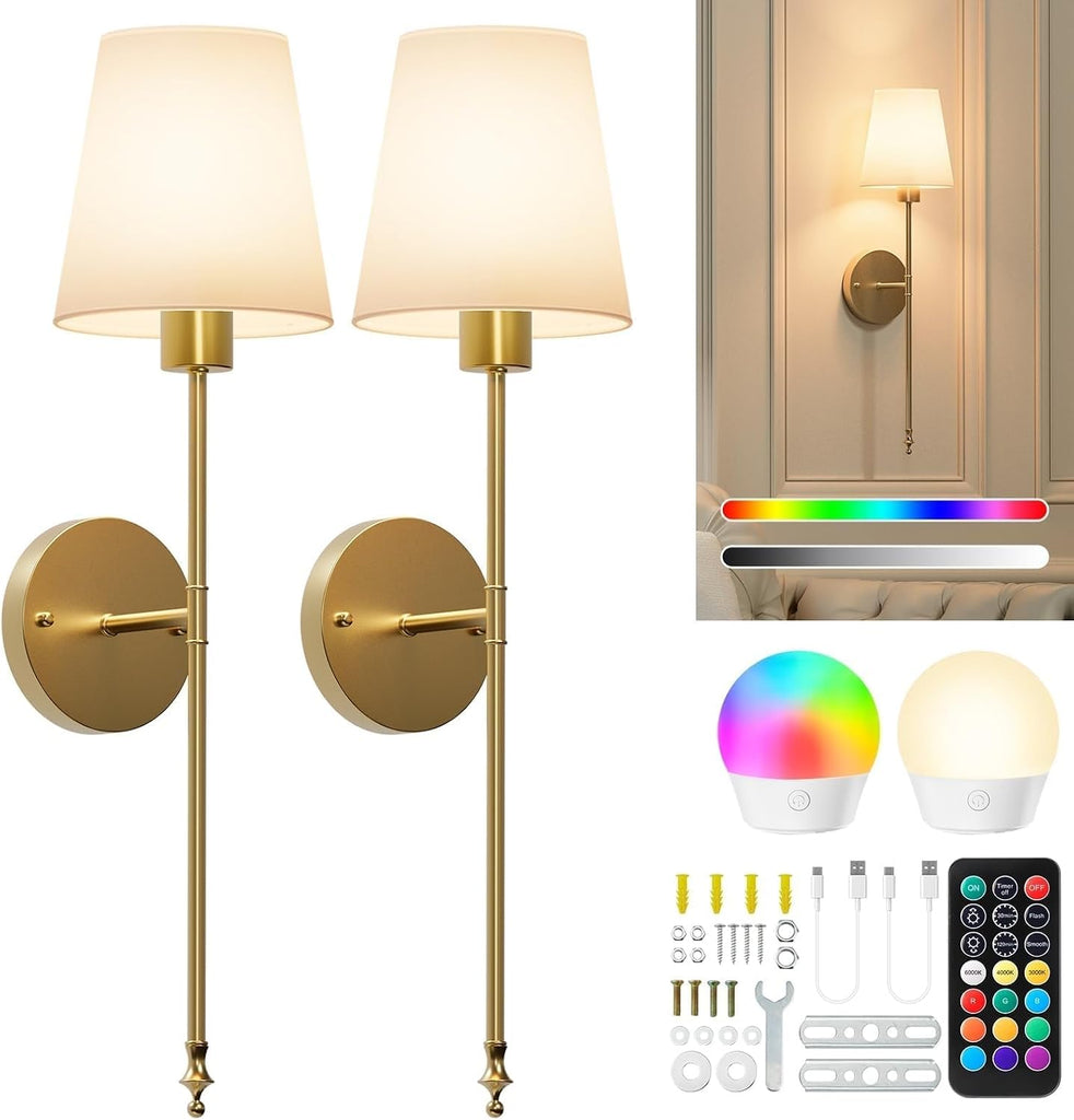 Battery Operated Wall Sconces Set of Two, RGBWW Wireless Rechargeable Wall Lights with Dimmable Magnetic Bulbs and