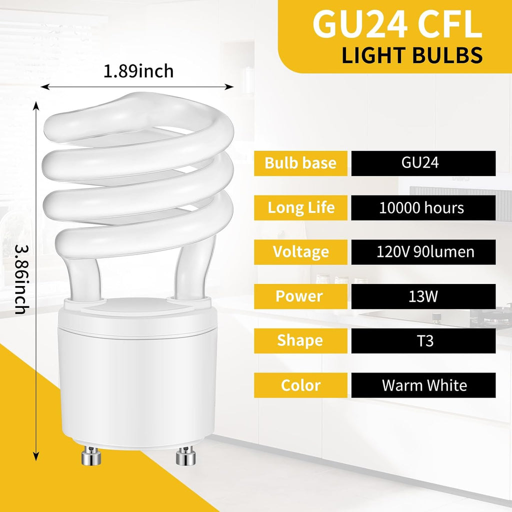 2 Pcs 13W 120v 60Hz GU24 CFL LED Light Bulbs 2 Prong Base T3 3500K
