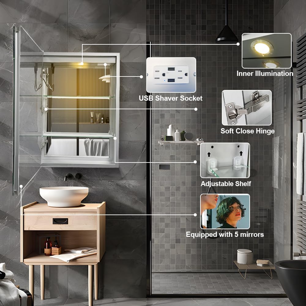 LED Medicine Cabinet,Bathroom Mirror Cabinet with Lights,20×28inch,Equip with Internal Light,Aluminum
