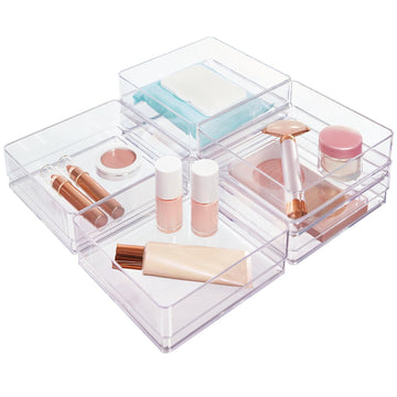 SimpleSort 6-Piece Stackable Clear Drawer Organizer Set | 6" x 6" x 2" Square Trays | Small Makeup Vanity Storage