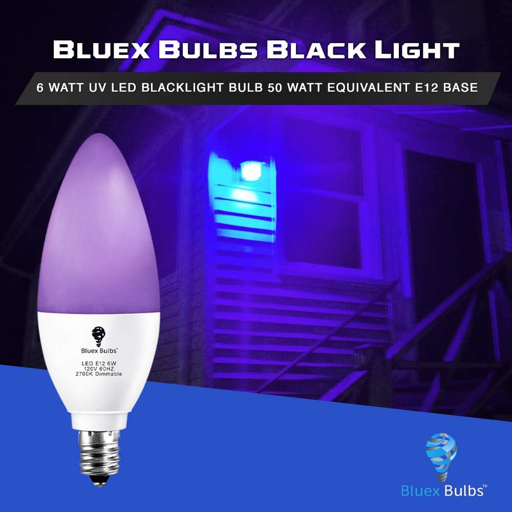 2 Pack LED Black Light Bulb, 6W E12 Candle Blacklight Bulb Level 385-400nm, Body Paint, Glow in The Dark Party E12