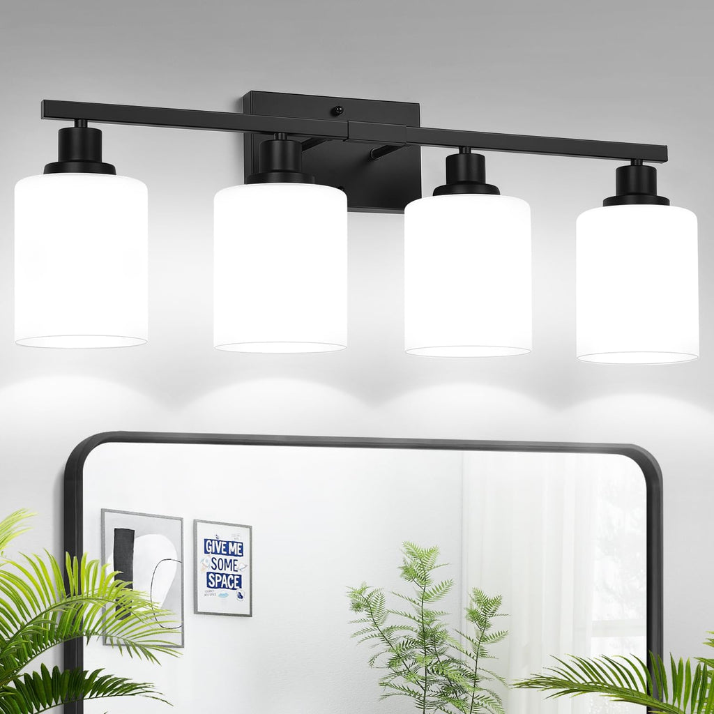 4-Light Bathroom Light Fixtures, Vanity Light with Milky White Shades, Matte Black Bathroom Light Fixtures Over