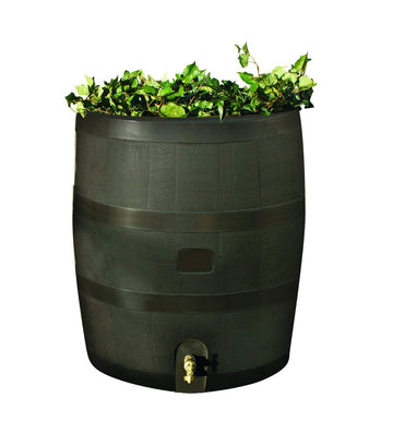 Round 35-Gallon Rain Barrel with Brass Spigot and Built-In Planter, Mud