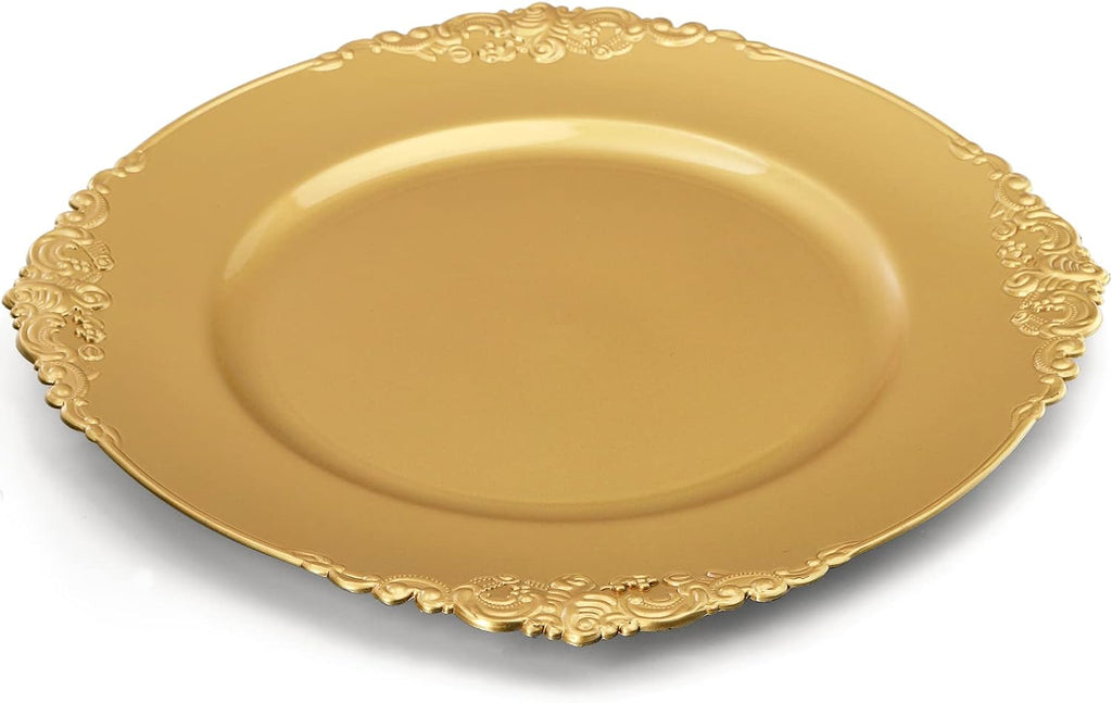12 Pack Gold Charger Plates, 13" Round Dinner Charger Plates with Embossed Rim for Catering, Wedding, Tabletop Decor