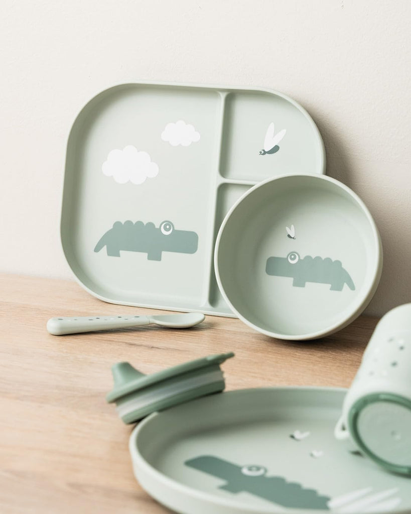 By Deer Foodie compartment plate - Croco - Green - Baby & Toddler Plate with 3 Sections - Non-Slip Base - BPA-Free
