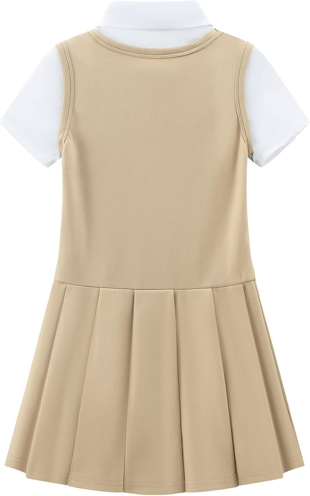 Girls 2 in 1 School Uniform Dress Short Sleeve Pleated Jumper Button Down Shirts Dresses