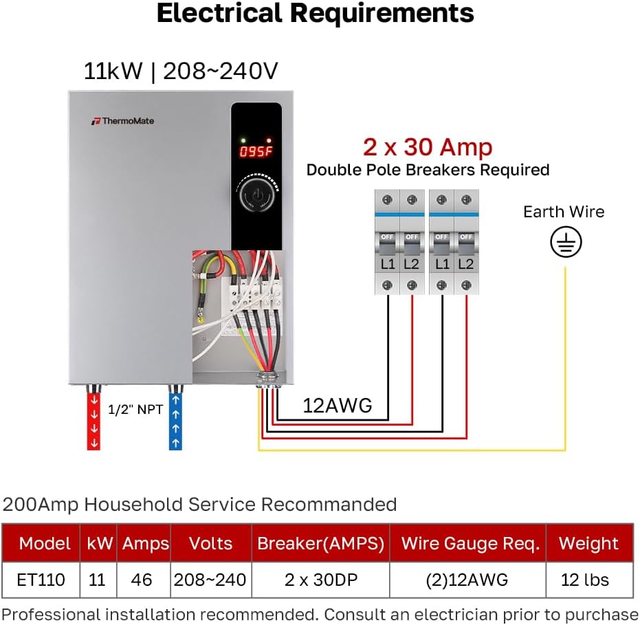 Electric Tankless Water Heater, 11kW 208~240 Volt, On Demand Instant Hot Water Heater, Self Modulating Energy Saving
