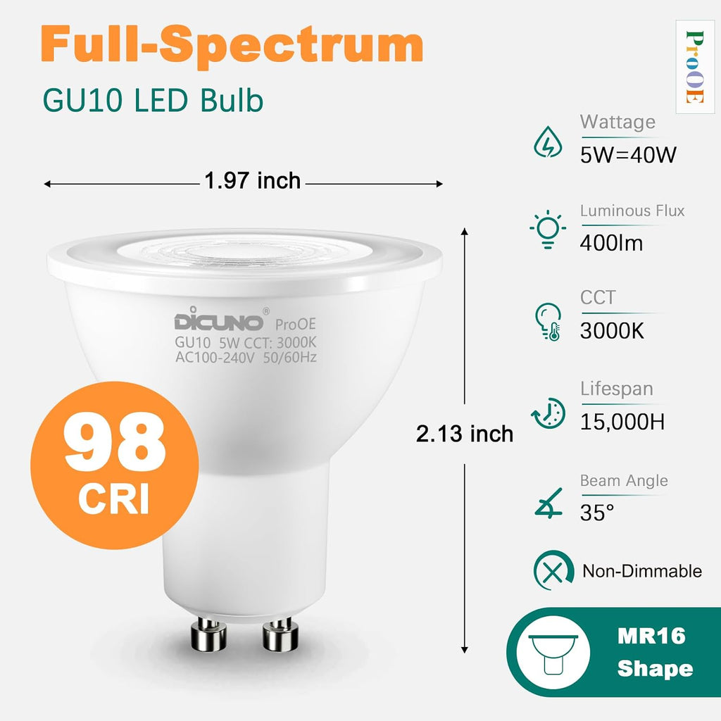 ProOE GU10 LED Bulb 5W, CRI 98, Warm White 3000K, 400LM, 6-Pack