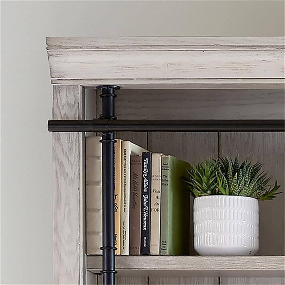 120" 3-Section Bookcase Wall, Solid Wood, Aged White Finish, Rolling Ladder, 5 Adjustable Shelves Per Section, French