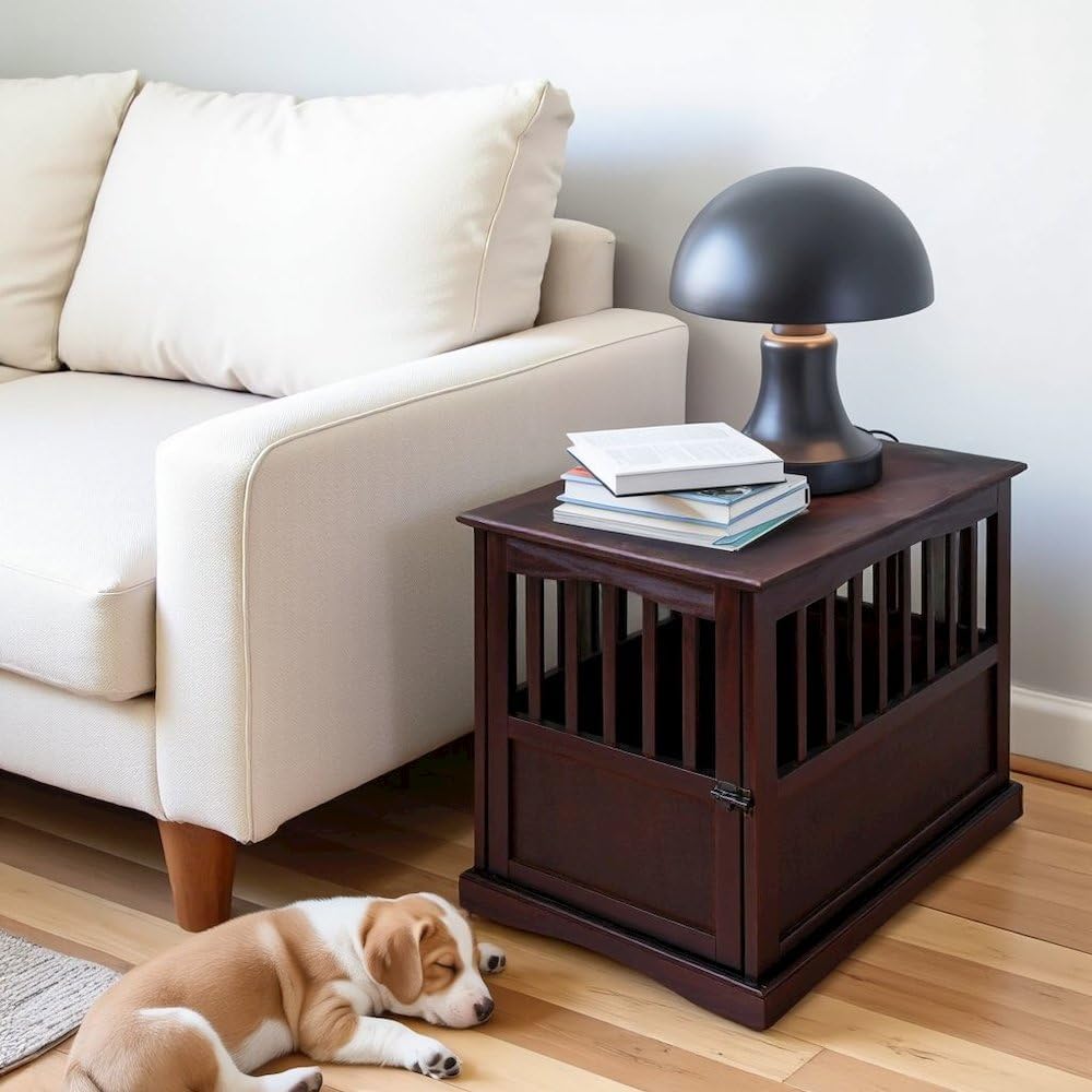 Brown Dog Crate End Table, Solid Wood Dog Furniture Crate with Lockable Gate, Stylish Dog Kennel Furniture for Indoor