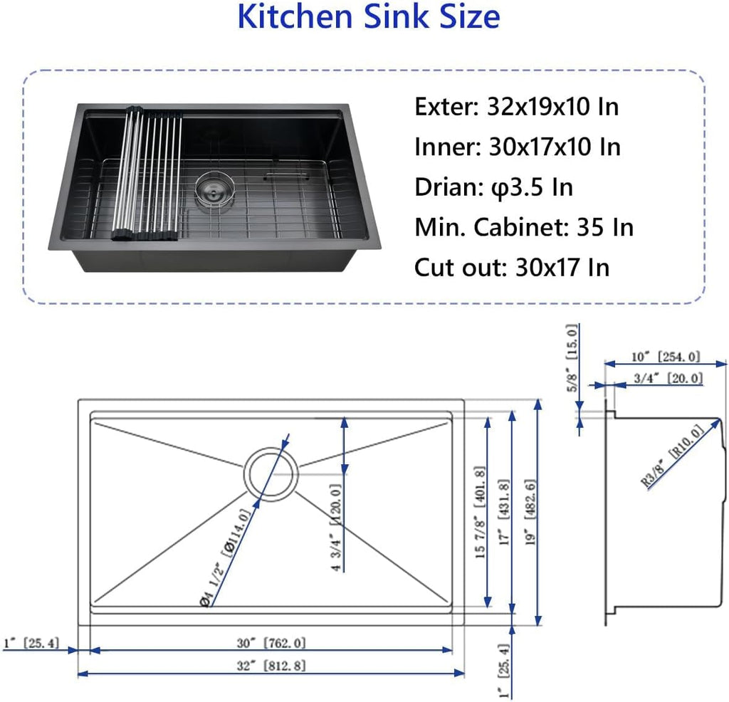 32" Undermount Workstation Kitchen Sink, 16 Gauge T304 Stainless Steel Single Bowl, 32x19x10 Deep Ledge Sink with
