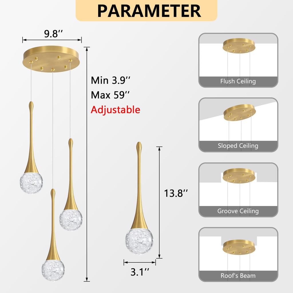Cenzoz 3-Lights Modern Pendant Lights Island LED Dimmable Crystal Glam Ceiling Pendant Lighting Chandelier Hallway
