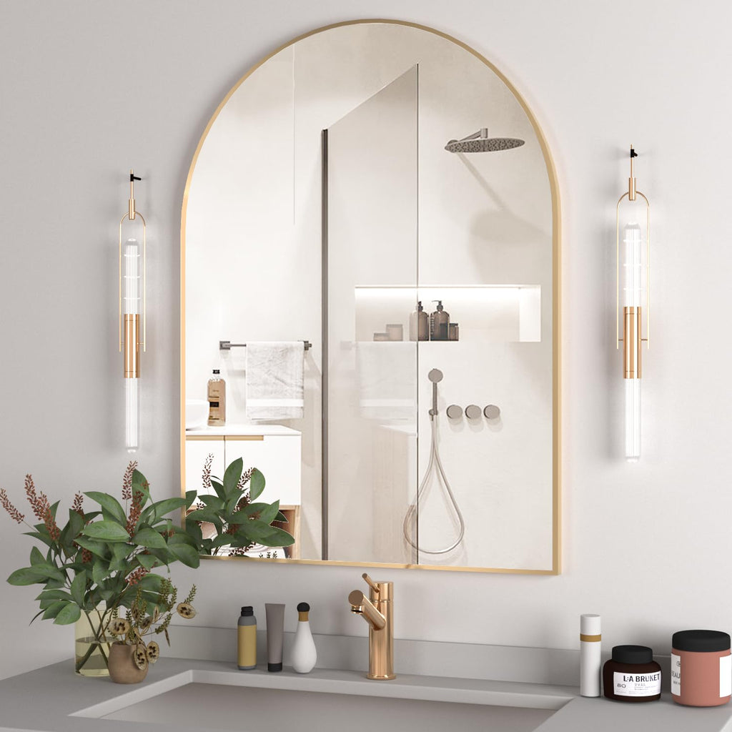 Arched Wall Mirror, 40"x30" Arched Mirror Wall Mounted Mirror with Metal Frame, Gold Vanity Mirror Decor for Mantle