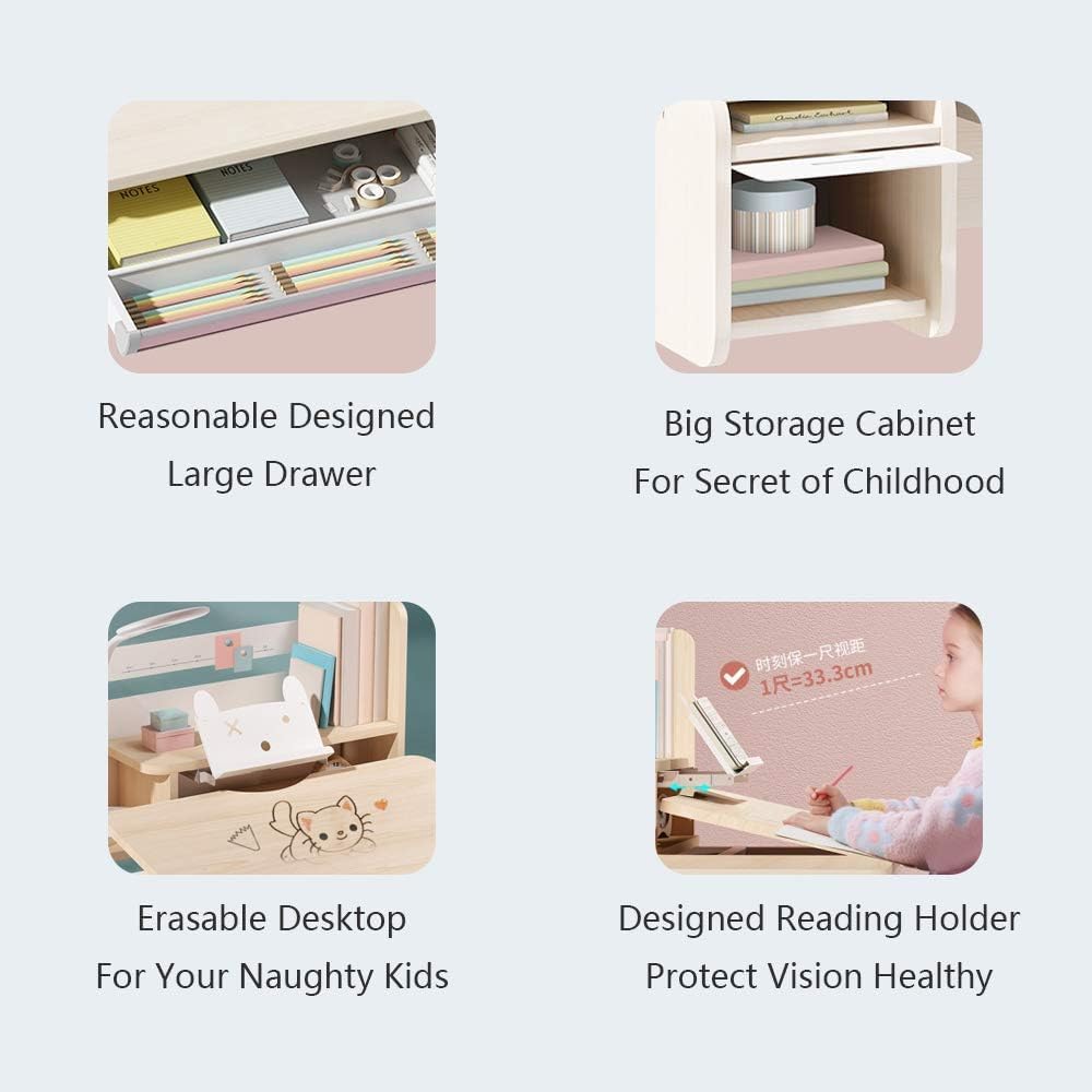 Kids Desk and Chair, Wood Ergonomic Adjustable Multi Function Study Desk and Chair Set, Drafting Table and Computer