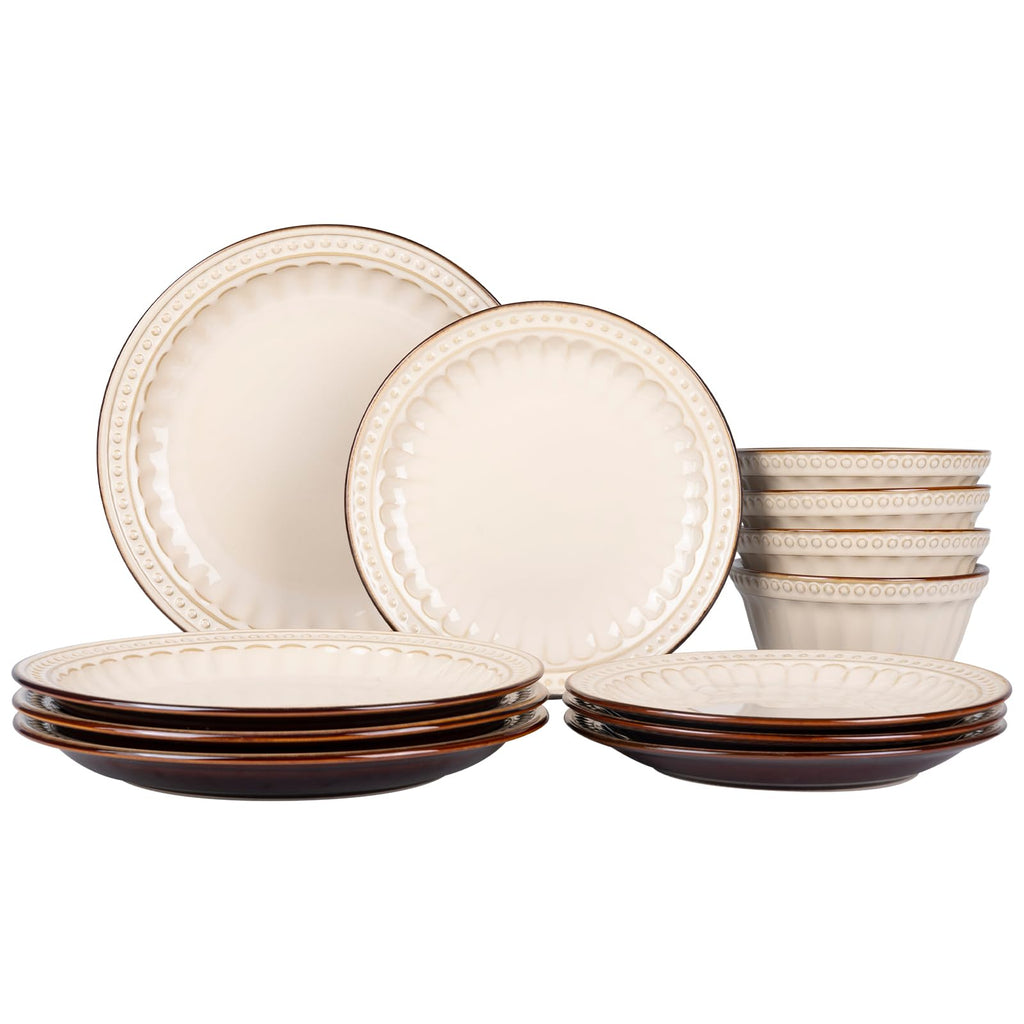 Dinnerware Set Cream White 12 Pieces Service for 4, Stoneware Plates and Bowls Set Stoneware Set, Dishwasher
