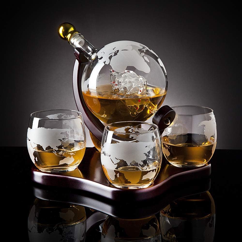 Whiskey Decanter Globe Set with 4 Etched Glasses for Liquor, Scotch, Bourbon, Vodka, Gifts for Men - 850ml Clear - Set of 5