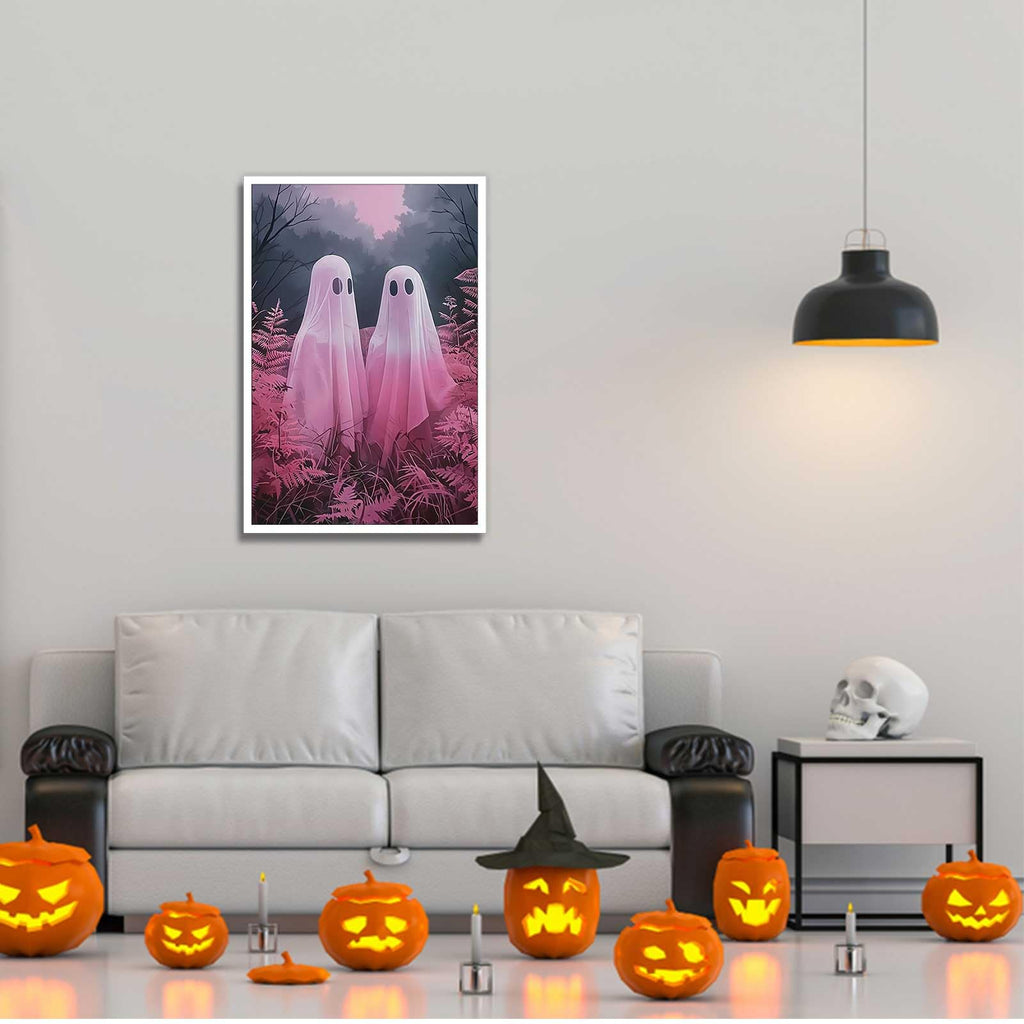 Retro White Two Ghost Posters Cute Horror Scary Wall Art Two Ghosts Wandering In The Plant Forest During The Day