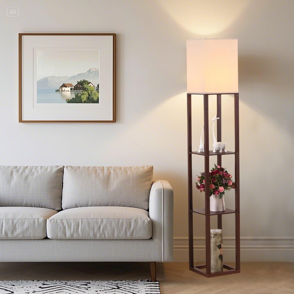 Floor Lamp with Shelves, Floor Light, Wood, Brown.