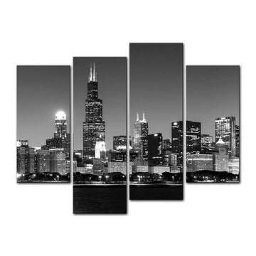 Chicago Wall Chicago Skyline at Night in Black and White Picture Cityscape Print On Canvas Giclee Artwork for Wall
