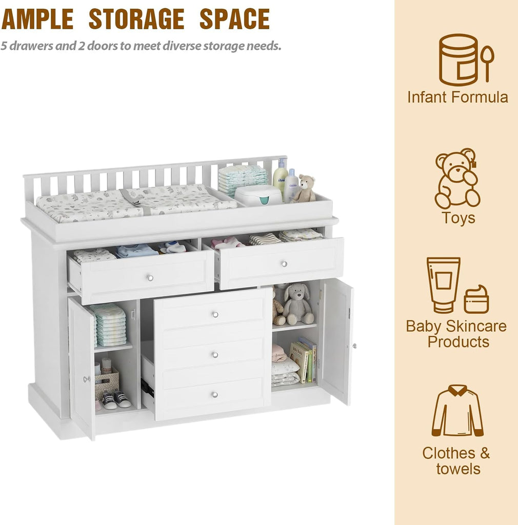 46" Baby Dresser with Changing Table Top, White Dresser with Storage Drawers and Doors , Multifunctional Nursery Baby