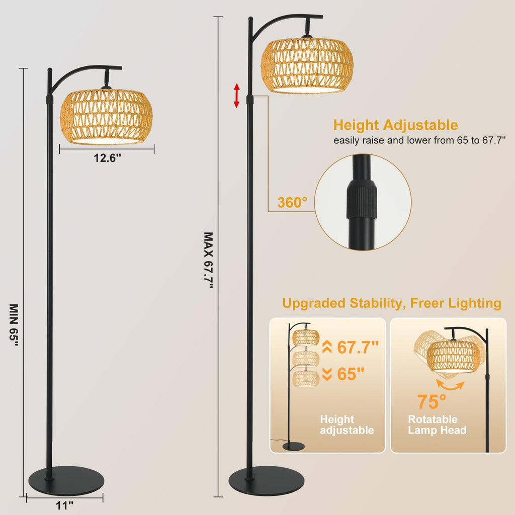 Black Boho Rattan Floor Lamp with Shade - Dimmable 12W LED, Remote & 3 Color Temps, Handwoven Arc Standing Light