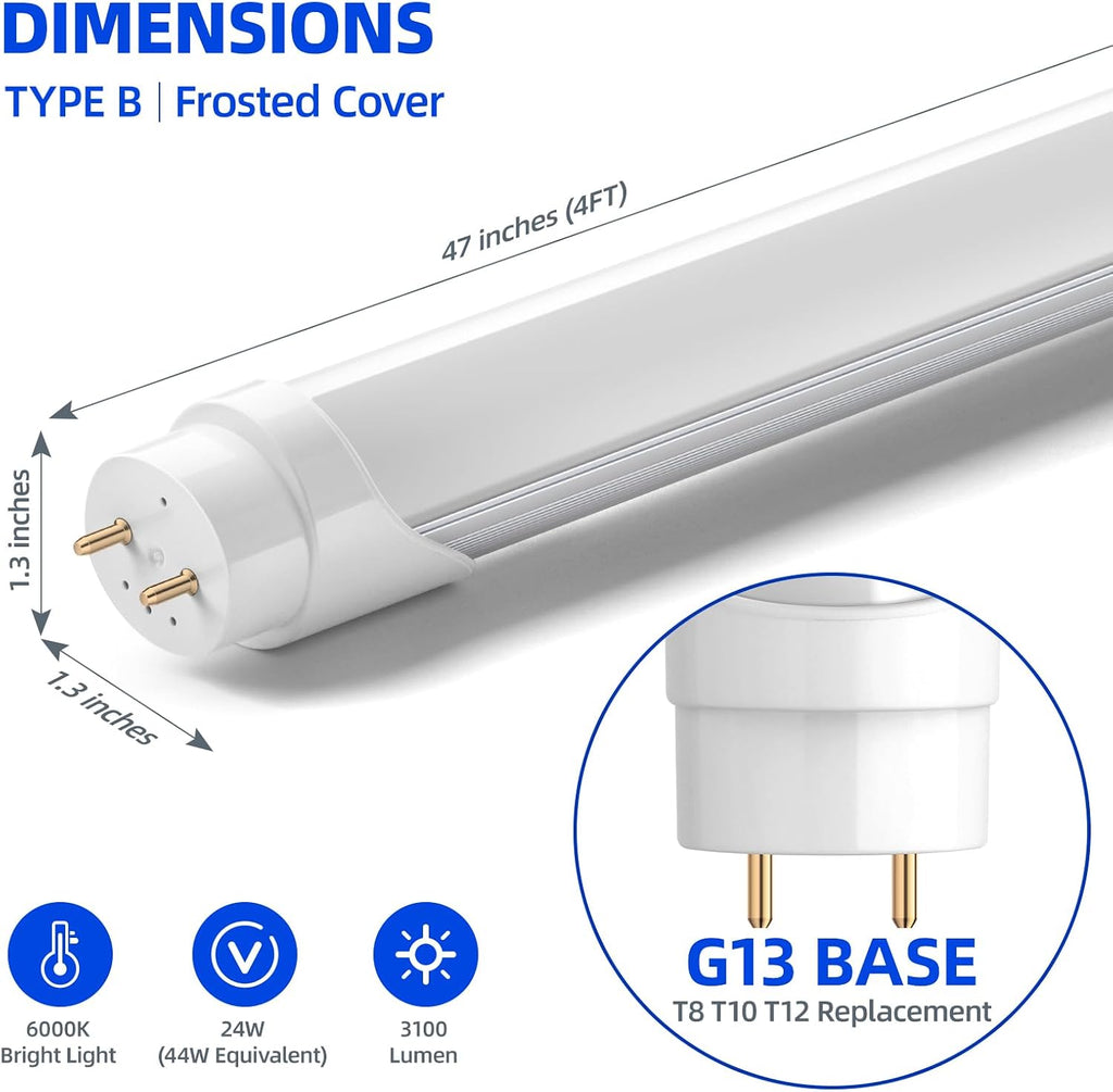 T8 LED Bulbs 4 Foot, 24W 3500LM, 6000K Bright Light, Ballast Bypass