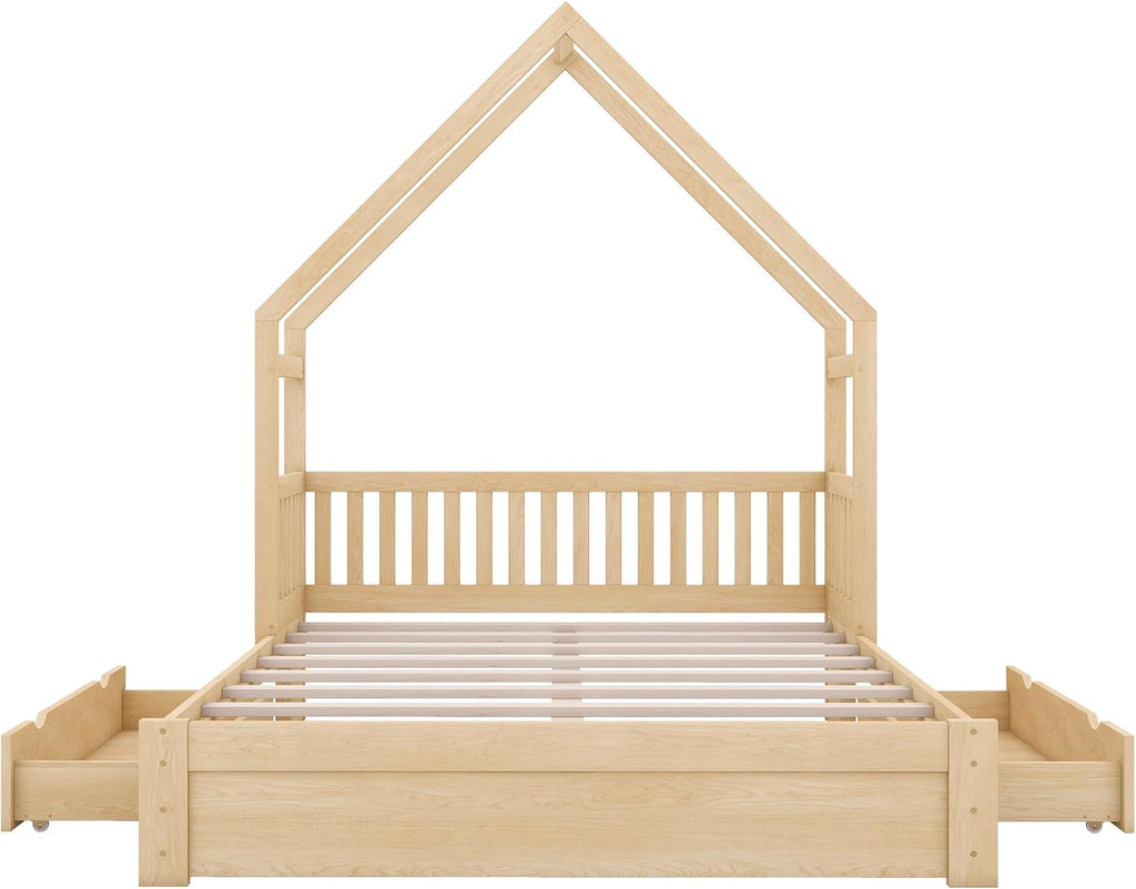 Queen Size Wood House Platform Bed with 2 Drawer for Toddlers and Baby, Modern Montessori Platform Bed Frame, No Box