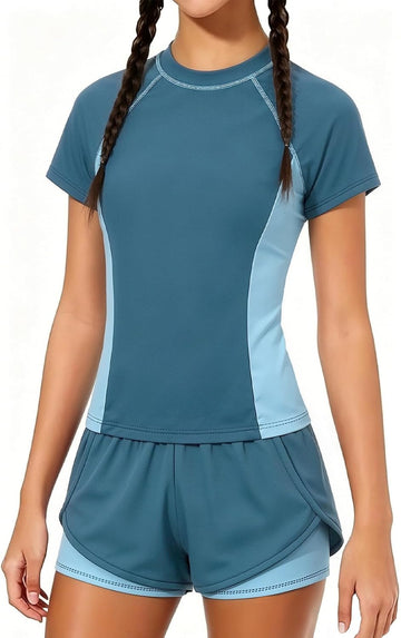 Girls Swimsuit 2 Piece Rash Guard Shirt with in-1 Shorts