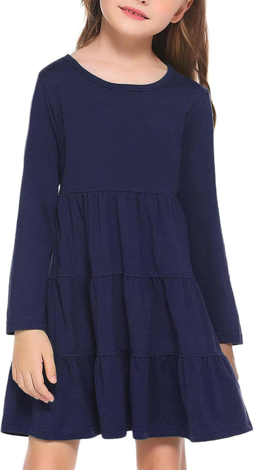 Girl Long Sleeve Dress Tiered Ruffle Swing Tunic Shirt Dress