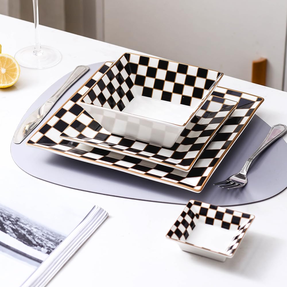 Checker Porcelain Square Dinnerware Set for 4, Dishes Set for 4 with 3.3-inch Dipping Saucers, Black and White Plates