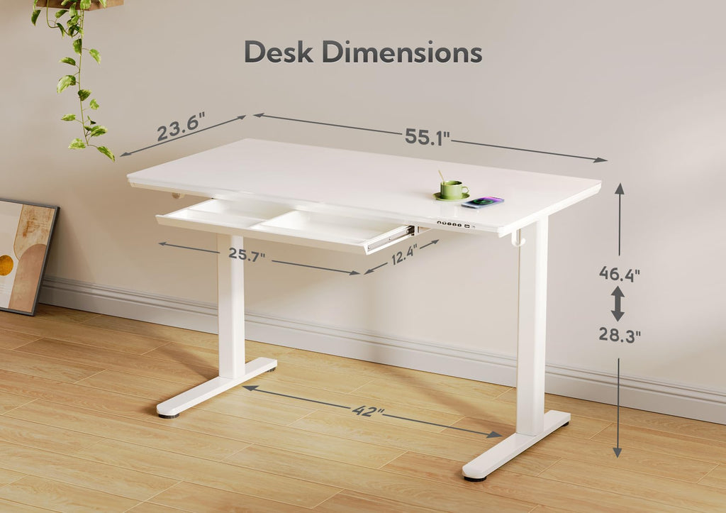 Wireless Charging Glass Standing Desk with Drawers 55×24 Inch