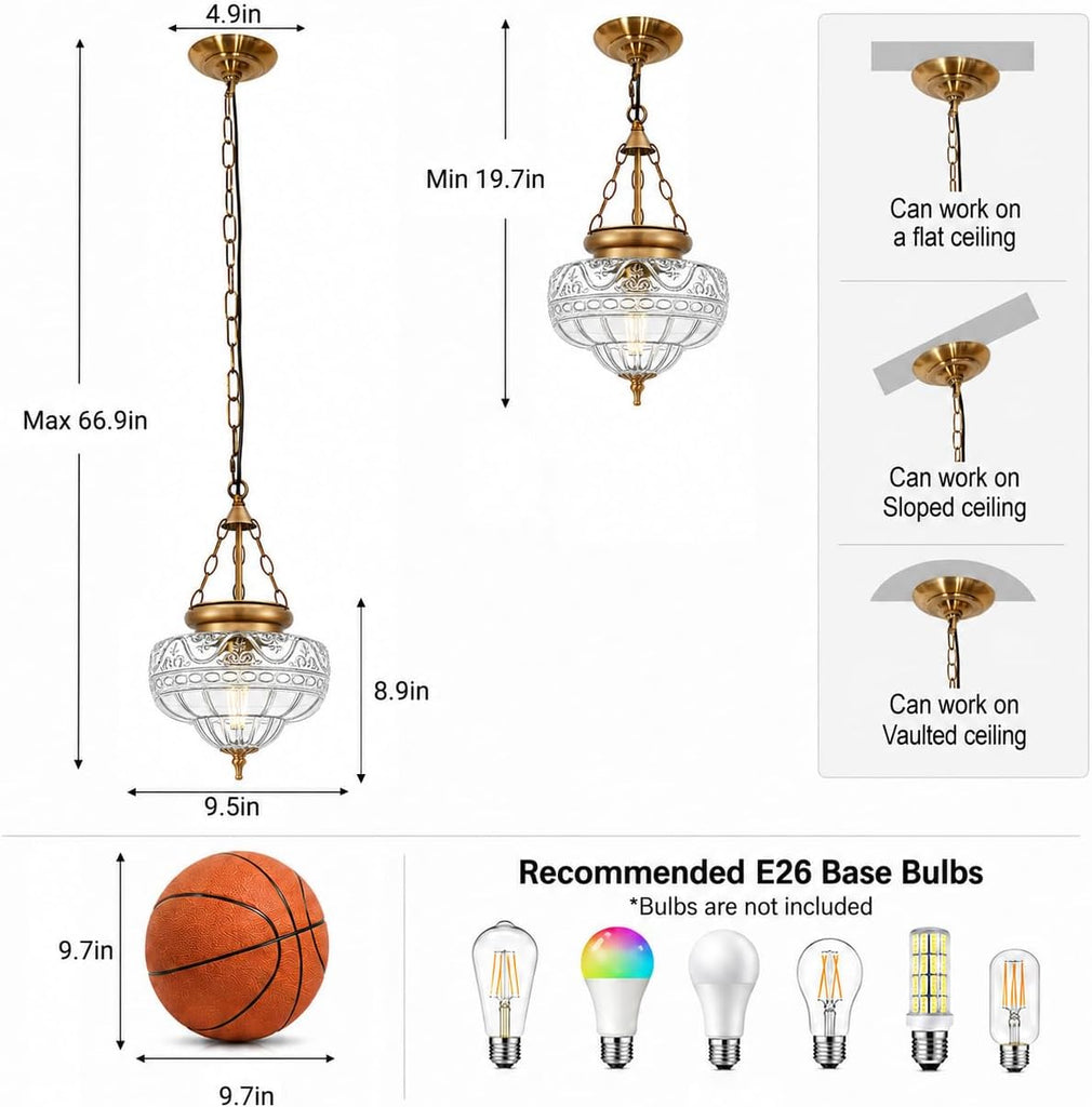Vintage Brushed Antique Brass Pendant Light for Kitchen Island, Handblown Textured Glass Hanging Light Fixture