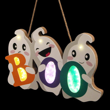 Halloween Door Decor Hanging Sign, BOO Ghost Halloween Door Hanger with Light for Front Door Decorations Outdoor - Set of 3
