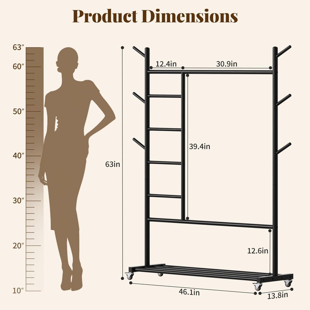 Solid Wood Clothing Rack, 4-in-1 Wooden Clothes Rack with Wheels