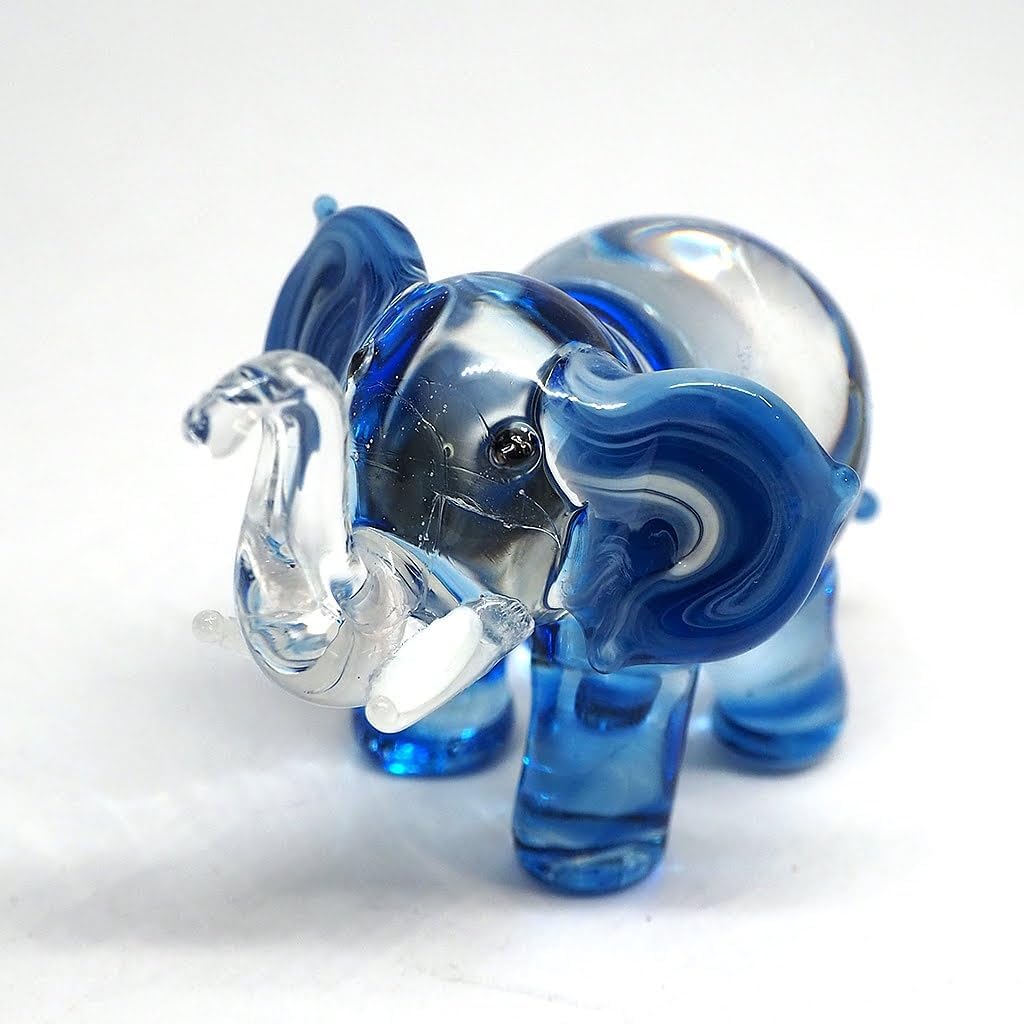 Lucky Elephant Figurines Blue Hand Blown Art Glass Collectible Animal Ornament Gift Decor, 1.5 x 2.5 x 1.8 inches