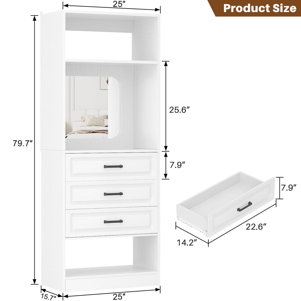 25" Closet System with 3 Drawers and Mirror, Wardrobe, White