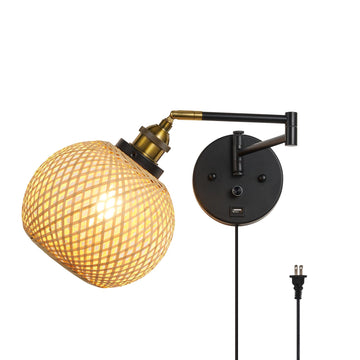 Rattan Plug-in Wall Sconce USB & Dimmer, Black Swing Arm Wall Lamp