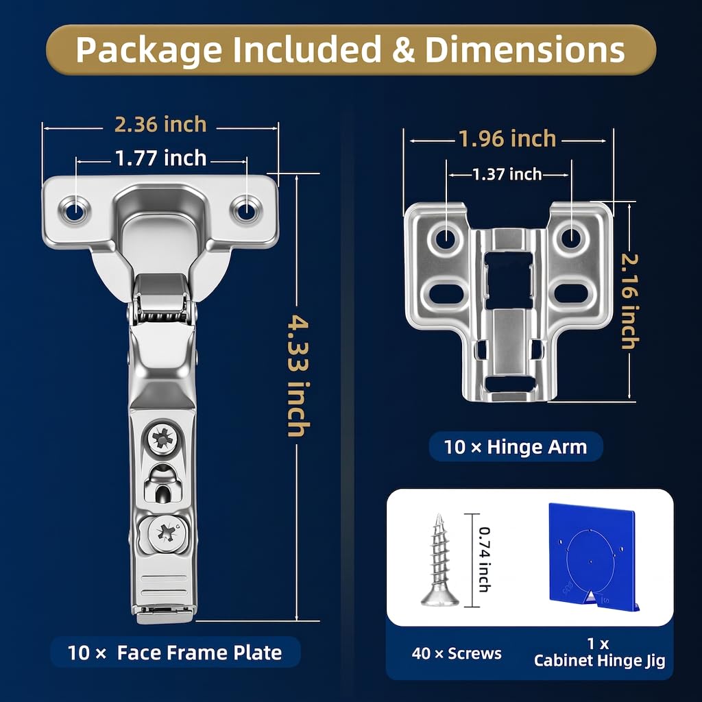 10 Pack Soft Close Inset Cabinet Door Hinges for European/Frameless Cabinet, 105 Degree Opening Angel, Stainless