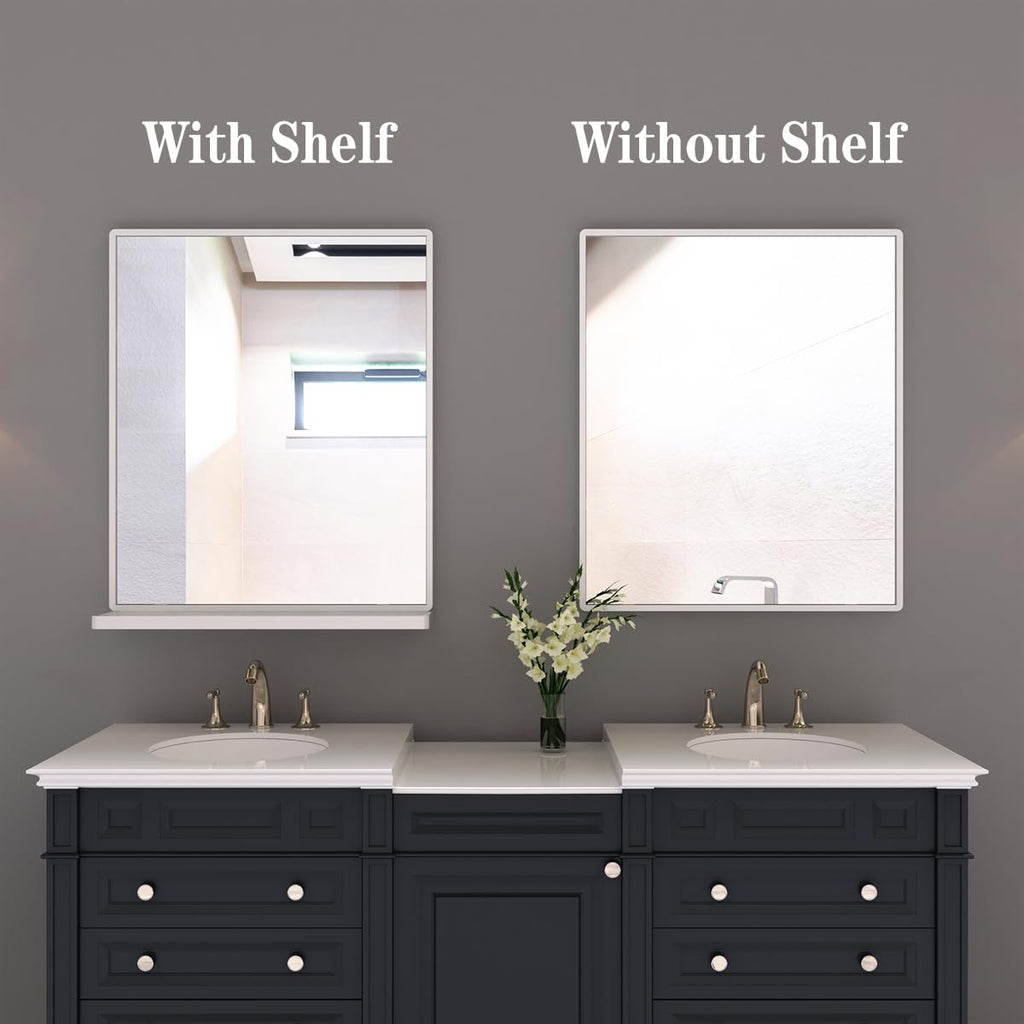 20"x24" Bathroom Wall Mirror with Shelf, White Bathroom Mirror for Wall, Rectangular Wall Hanging Mirror Bedroom