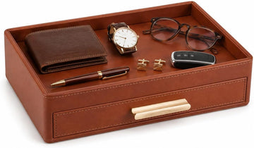 Leather Valet Tray with Drawer for Men, Nightstand Organizer, Brown