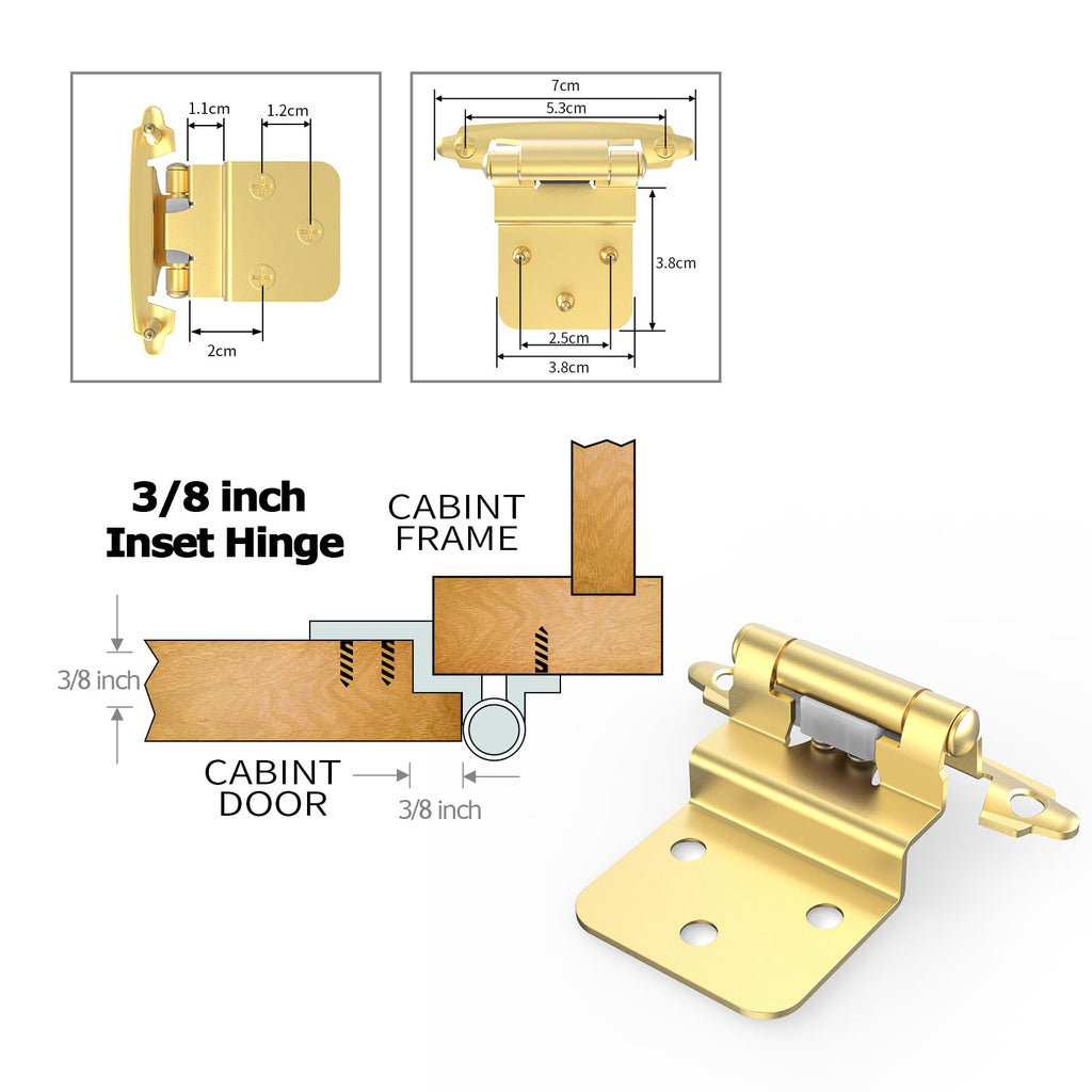 3/8 Inch Inset Cabinet Hinges, 6 Pack Self Closing Flush Face Mount Hinges with Door Bumper, Variable Decorative