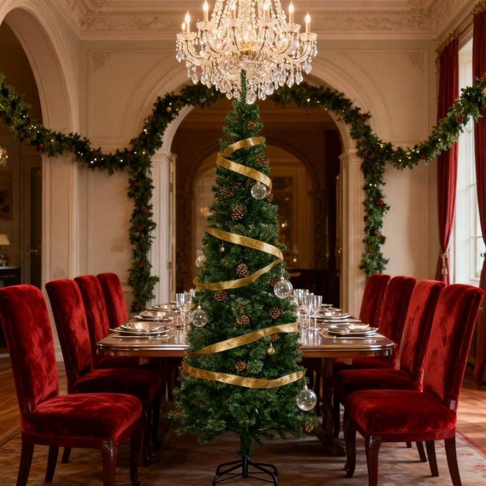 Slim Artificial Christmas Tree, Unlit Pencil Tree with Pine Cones