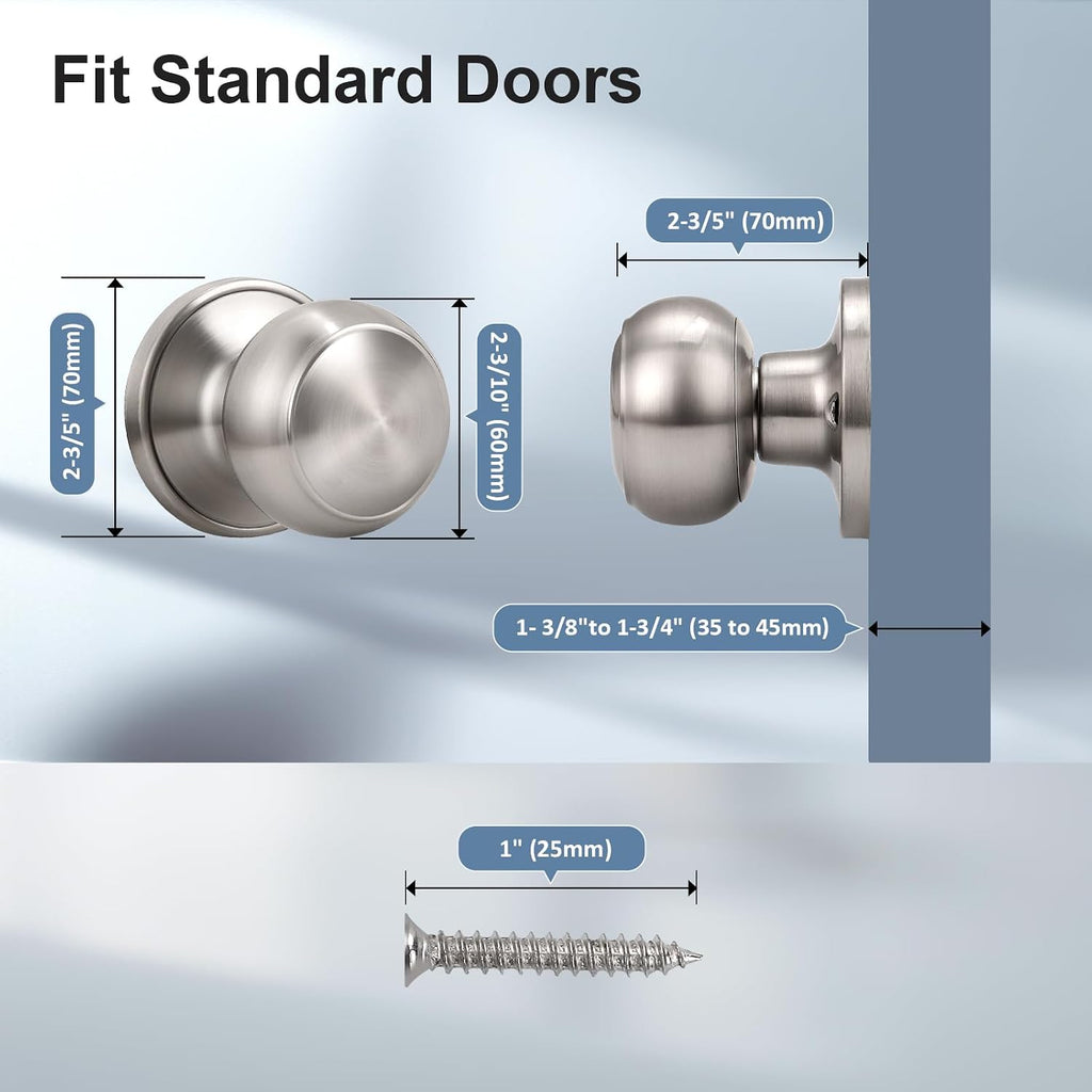 2 Pack Brushed Nickel Dummy Door Knob, Single Sided Handle for Closets, French Double Doors, and Pantry, Satin Nickel