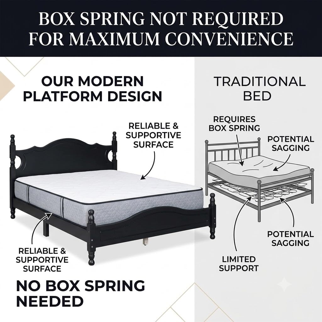Vintage Wooden Platform Bed Frame with Spindle Headboard (Black)