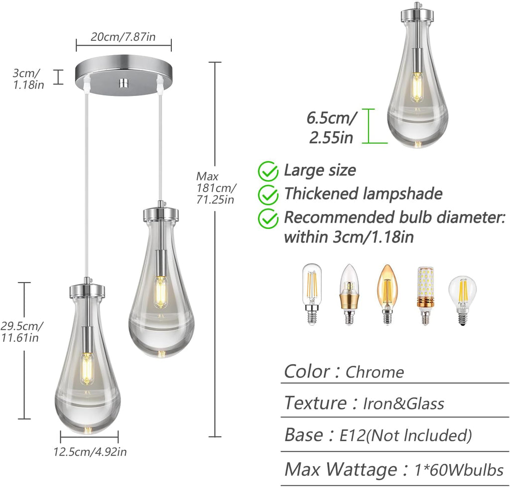 Raindrop Pendant Lights Kitchen Island Teardrop Chrome Hanging Light Fixtures Clear Solid Glass Pendant Light Modern Chandeliers for Dining Room Porch Corridor Living Room (2-Light) A121-B0DNDNPR3C