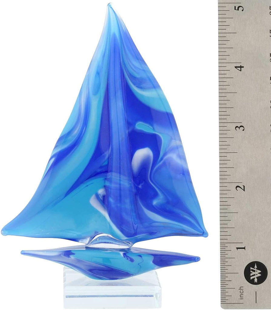 Sailboat On Base - Blue and Aqua Decorative Glass Sailboat Figurine Coastal Beach House Ornament Nautical Decor